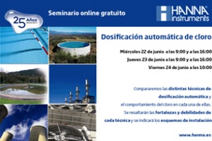 HANNA Instruments organiza los 22, 23 y 24 de junio un Seminario On-line y Gratuito sobre "Dosificación automática de cloro"