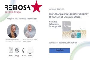 Últimas horas para la Webinar "Regeneración de las Aguas Residuales y el Reciclaje de las Aguas Grises" de REMOSA