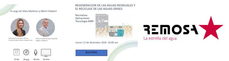 Últimas horas para la Webinar "Regeneración de las Aguas Residuales y el Reciclaje de las Aguas Grises" de REMOSA